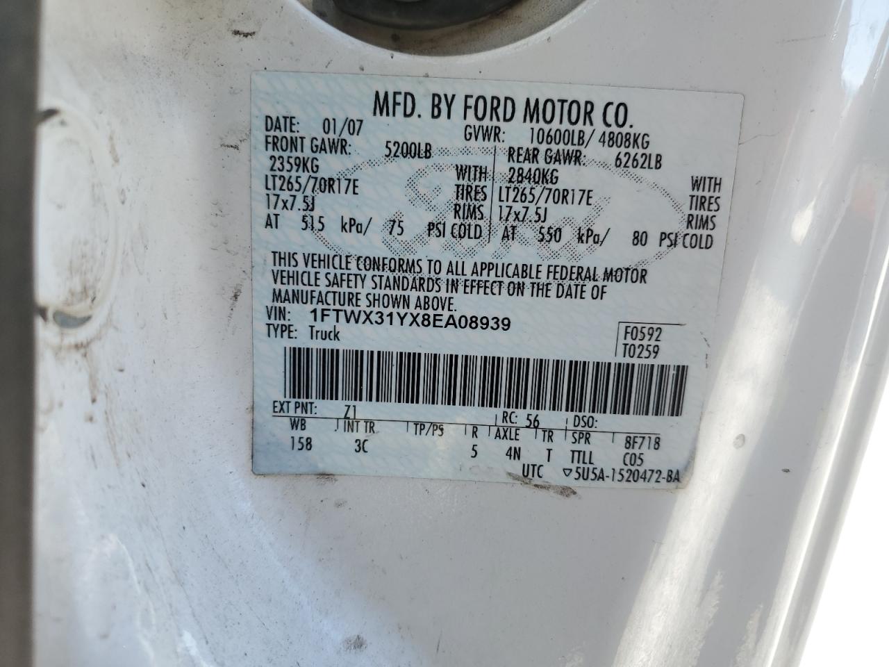 1FTWX31YX8EA08939 2008 Ford F350 Srw Super Duty