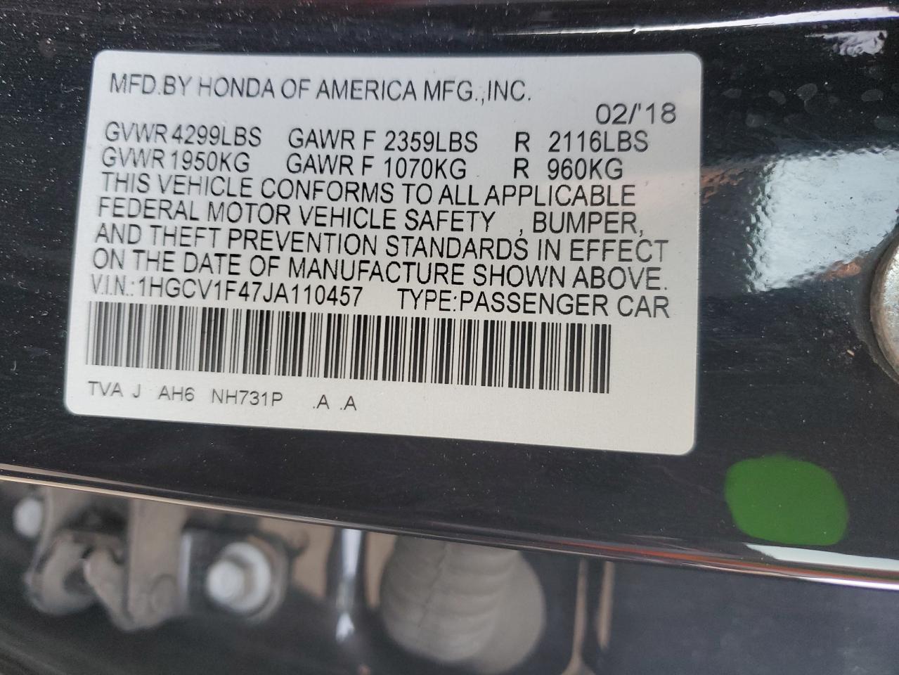 1HGCV1F47JA110457 2018 Honda Accord Ex