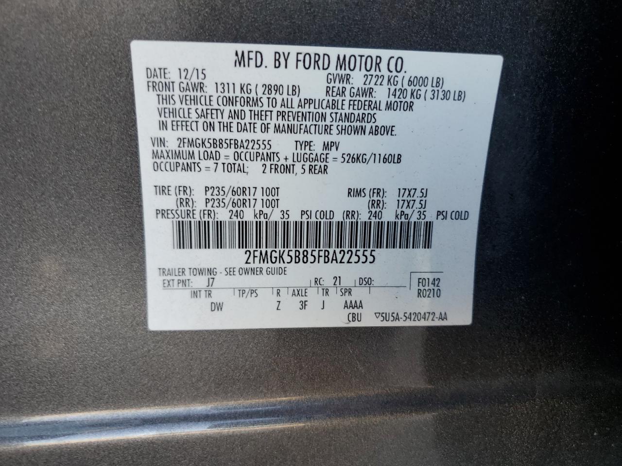 2FMGK5B85FBA22555 2015 Ford Flex Se