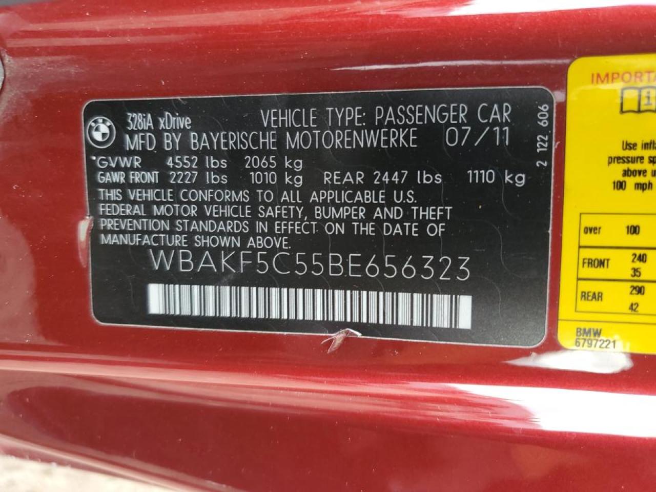 2011 BMW 328 Xi Sulev VIN: WBAKF5C55BE656323 Lot: 71719884