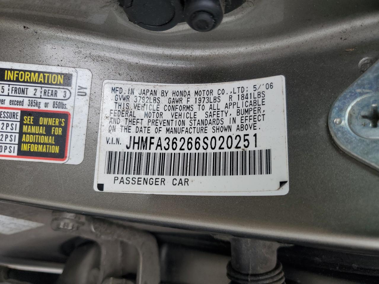 JHMFA36266S020251 2006 Honda Civic Hybrid