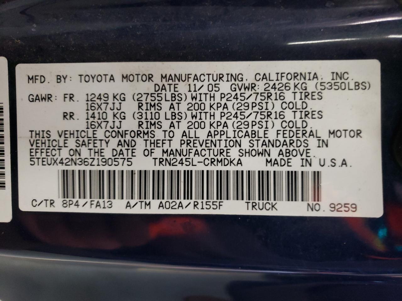 5TEUX42N36Z190575 2006 Toyota Tacoma Access Cab