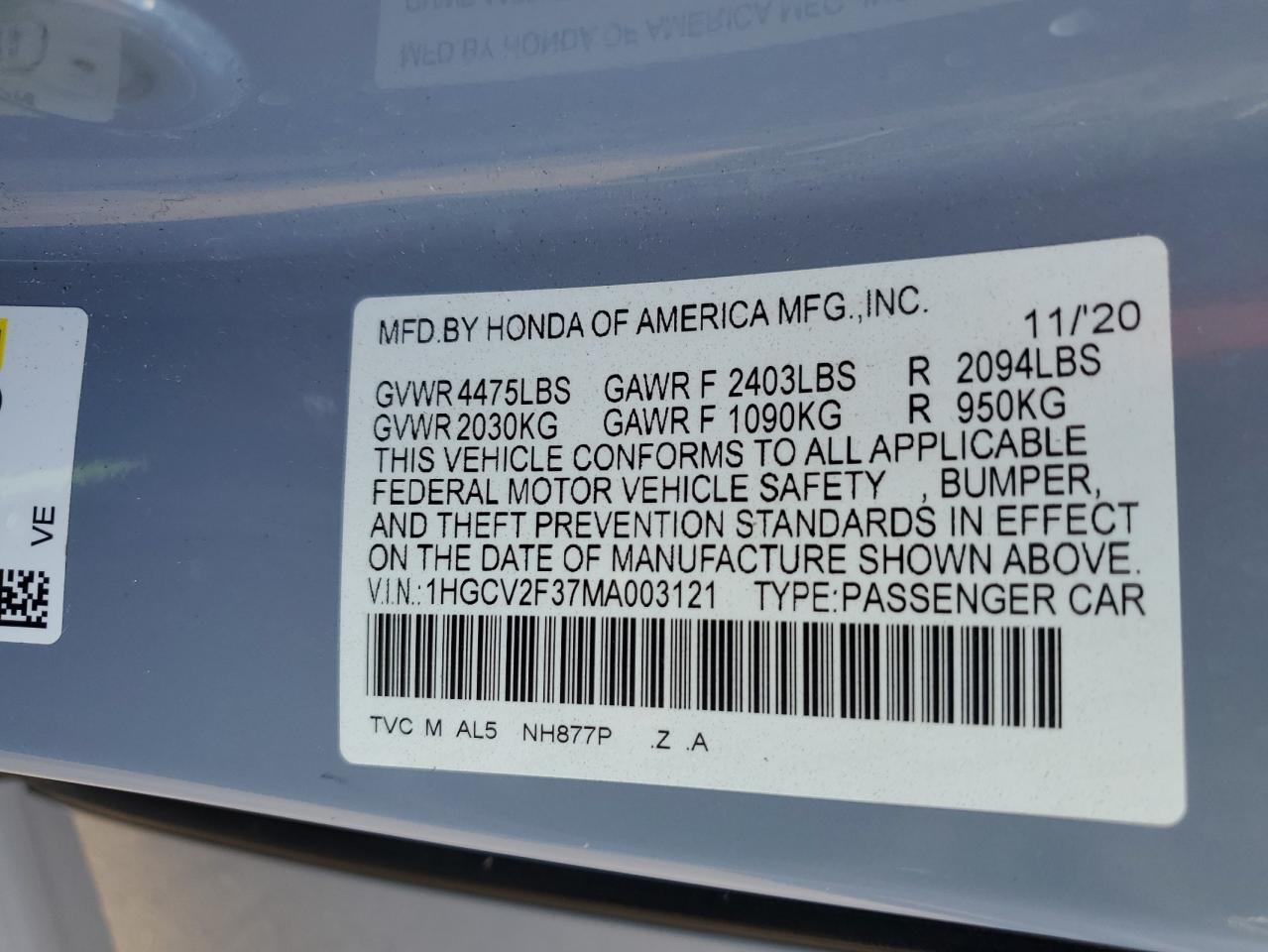 2021 Honda Accord Sport VIN: 1HGCV2F37MA003121 Lot: 71684954