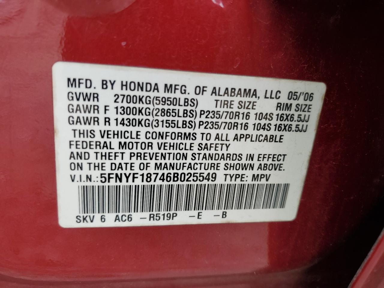 2006 Honda Pilot Ex VIN: 5FNYF18746B025549 Lot: 71700974