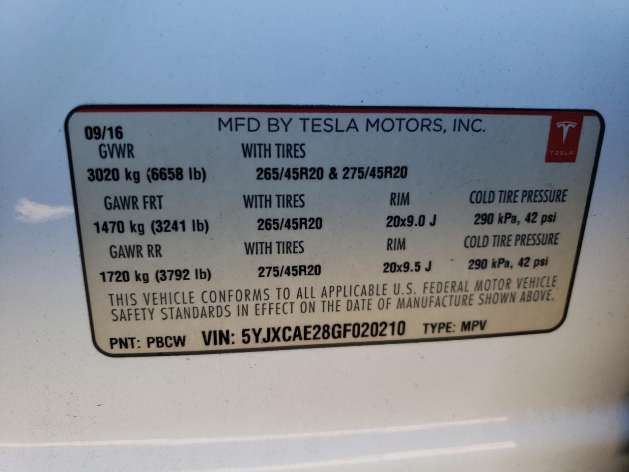 2016 Tesla Model X VIN: 5YJXCAE28GF020210 Lot: 73515154