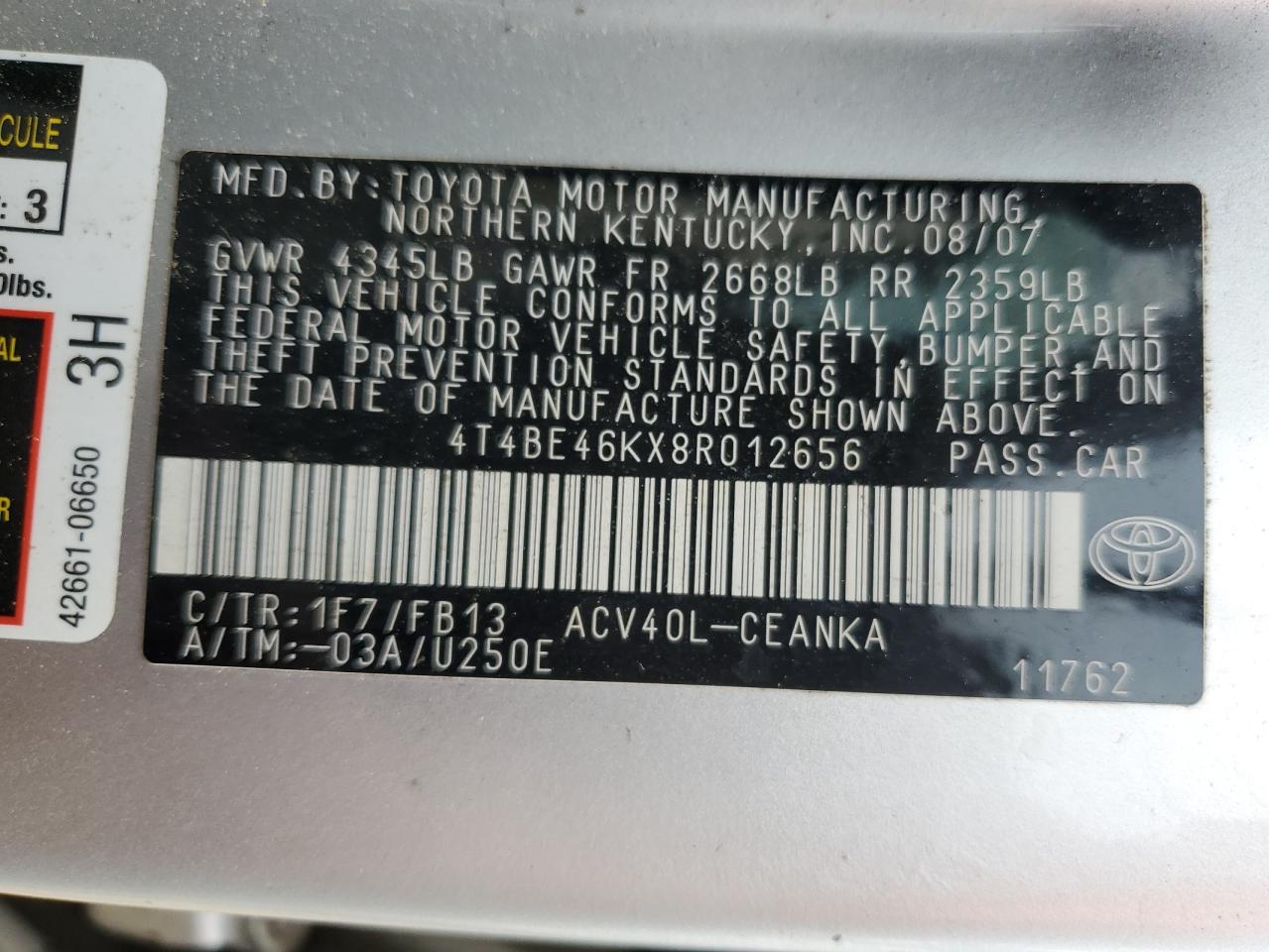 4T4BE46KX8R012656 2008 Toyota Camry Ce