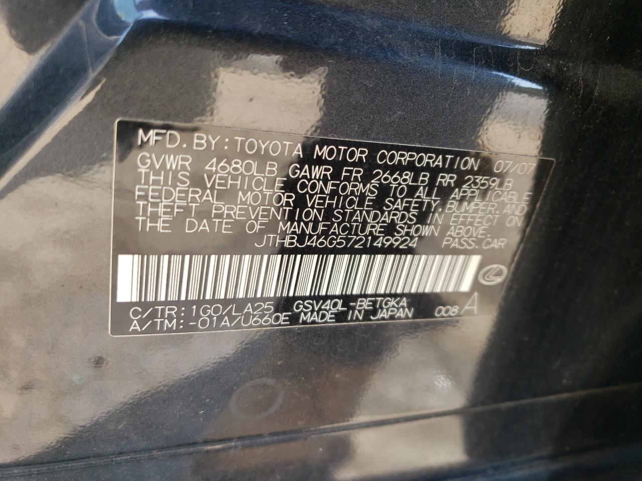 2007 Lexus Es 350 VIN: JTHBJ46G572149924 Lot: 72636904