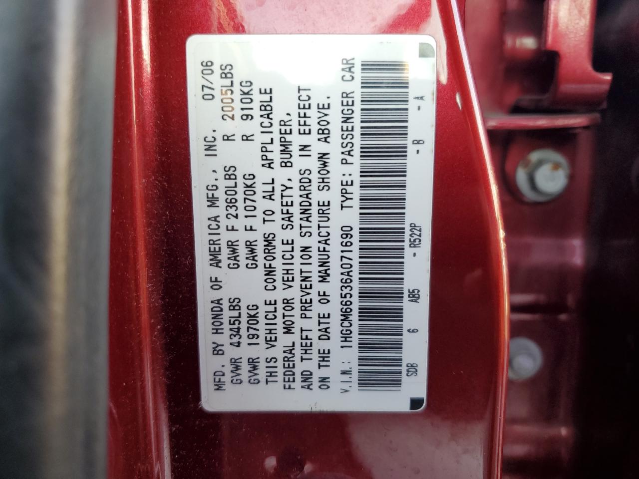 2006 Honda Accord Ex VIN: 1HGCM66536A071690 Lot: 70190184