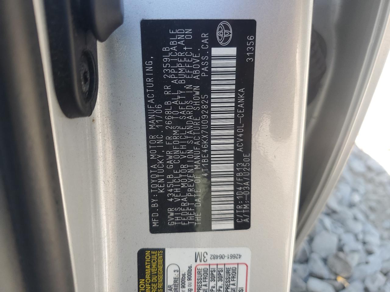 4T1BE46KX7U092825 2007 Toyota Camry Ce