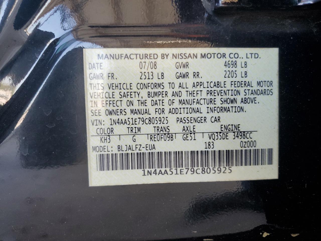 1N4AA51E79C805925 2009 Nissan Maxima S