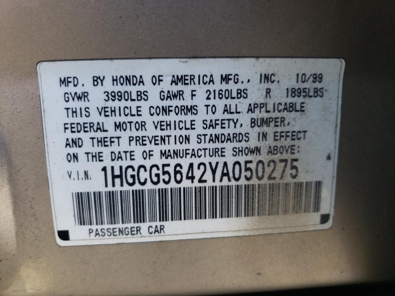 1HGCG5642YA050275 2000 Honda Accord Lx