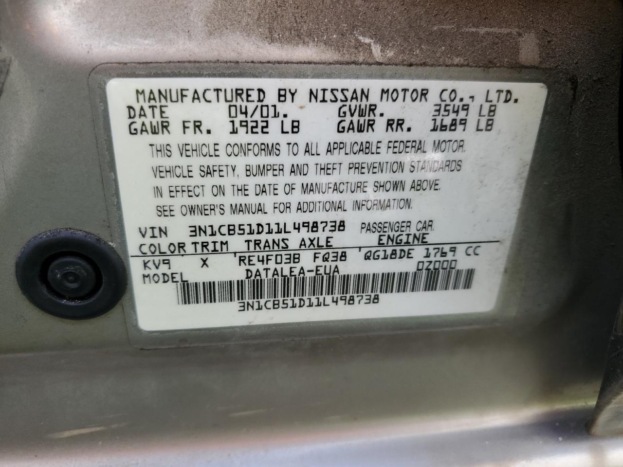 3N1CB51D11L498738 2001 Nissan Sentra Xe