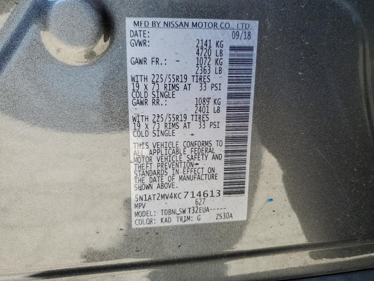 5N1AT2MV4KC714613 2019 Nissan Rogue S