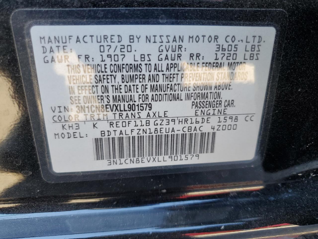 2020 Nissan Versa Sv VIN: 3N1CN8EVXLL901579 Lot: 70891104