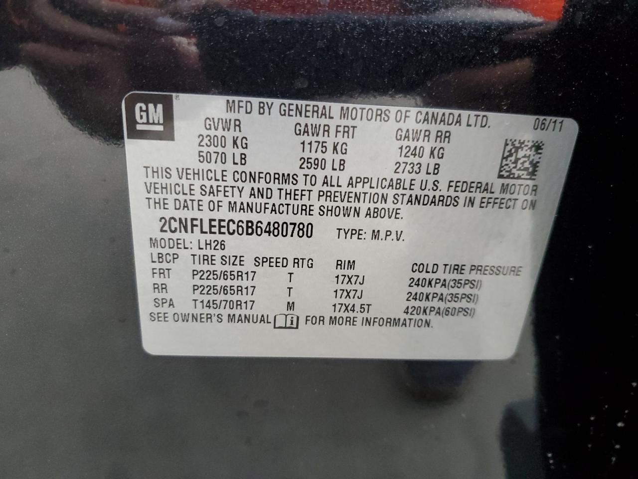 2CNFLEEC6B6480780 2011 Chevrolet Equinox Lt