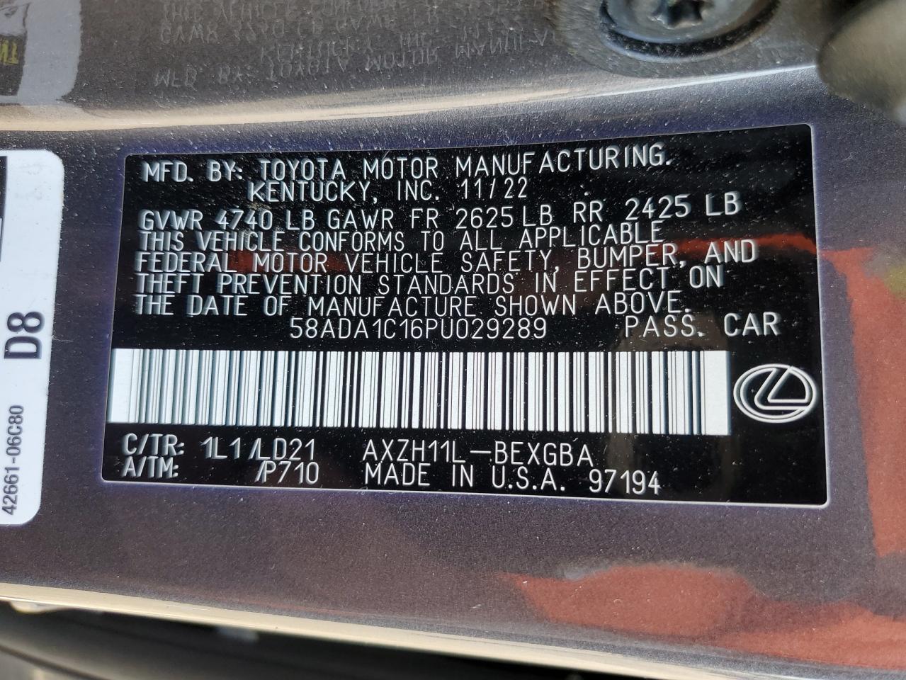 58ADA1C16PU029289 2023 Lexus Es 300H Base