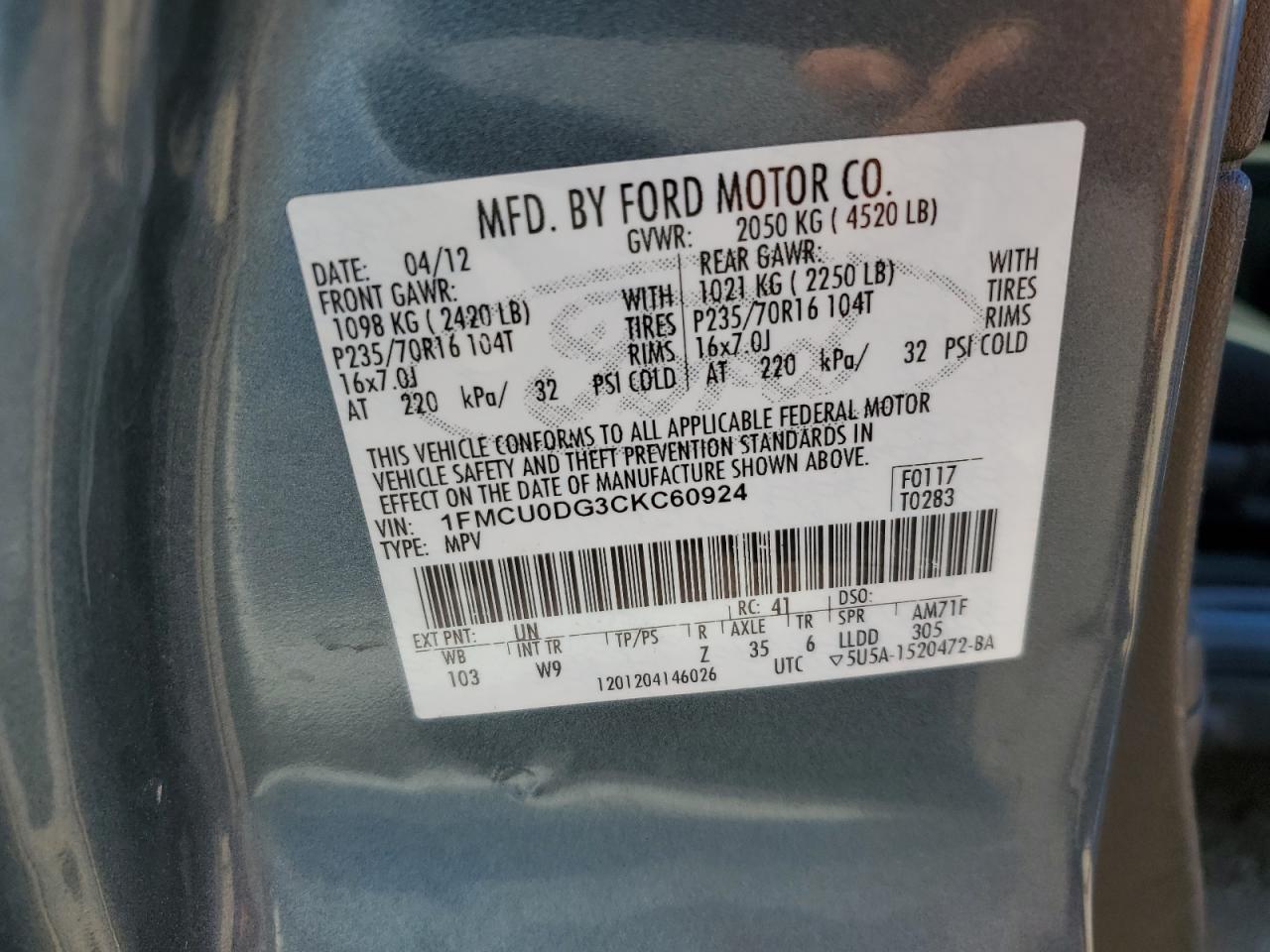 1FMCU0DG3CKC60924 2012 Ford Escape Xlt