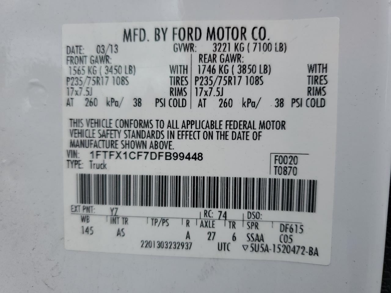 2013 Ford F150 Super Cab VIN: 1FTFX1CF7DFB99448 Lot: 71218874