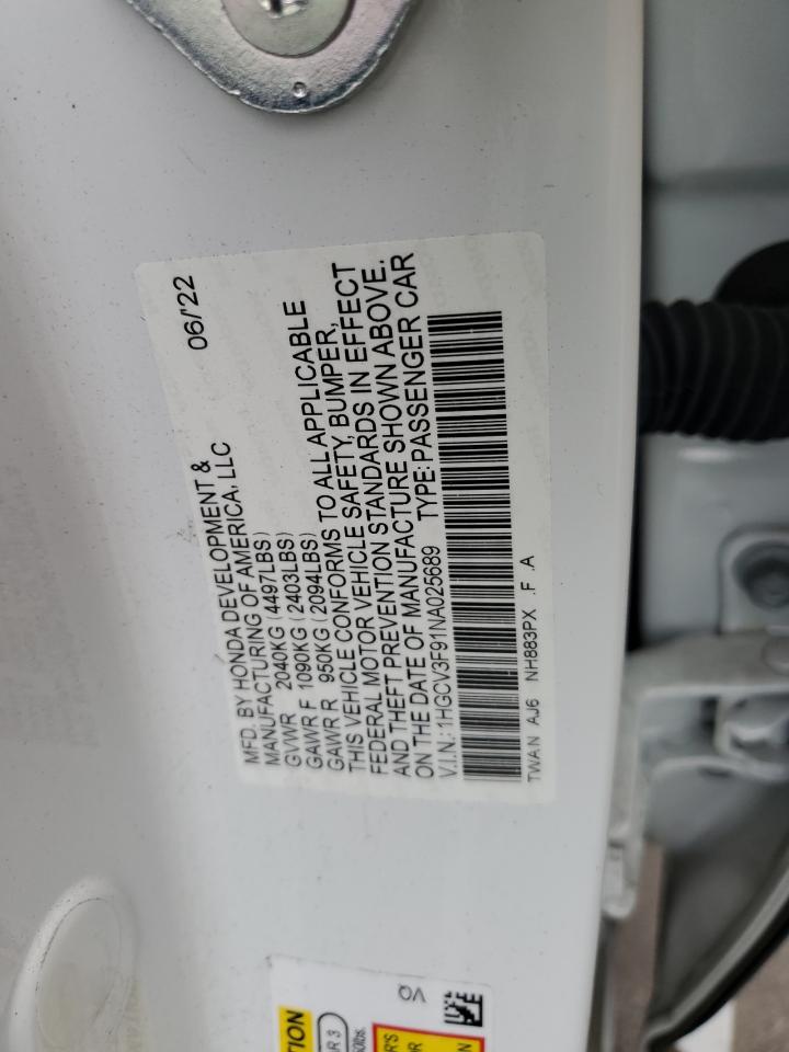 1HGCV3F91NA025689 2022 Honda Accord Touring Hybrid