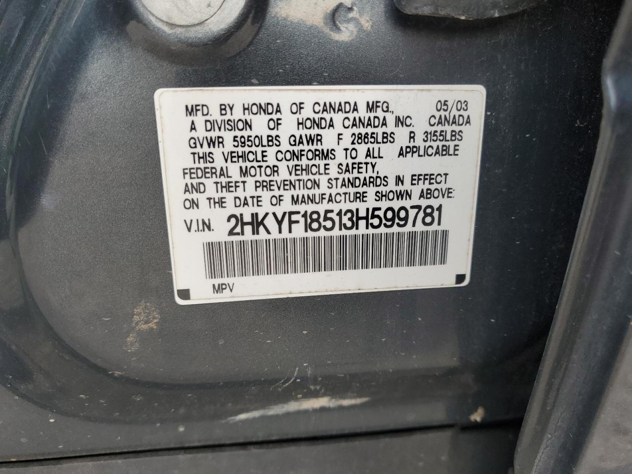 2HKYF18513H599781 2003 Honda Pilot Exl