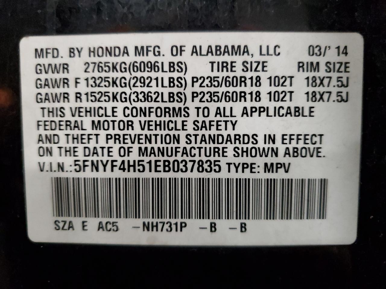 5FNYF4H51EB037835 2014 Honda Pilot Exl