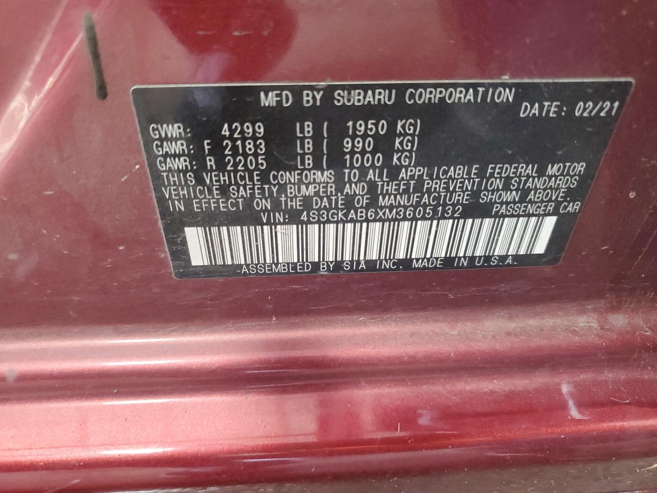 4S3GKAB6XM3605132 2021 Subaru Impreza