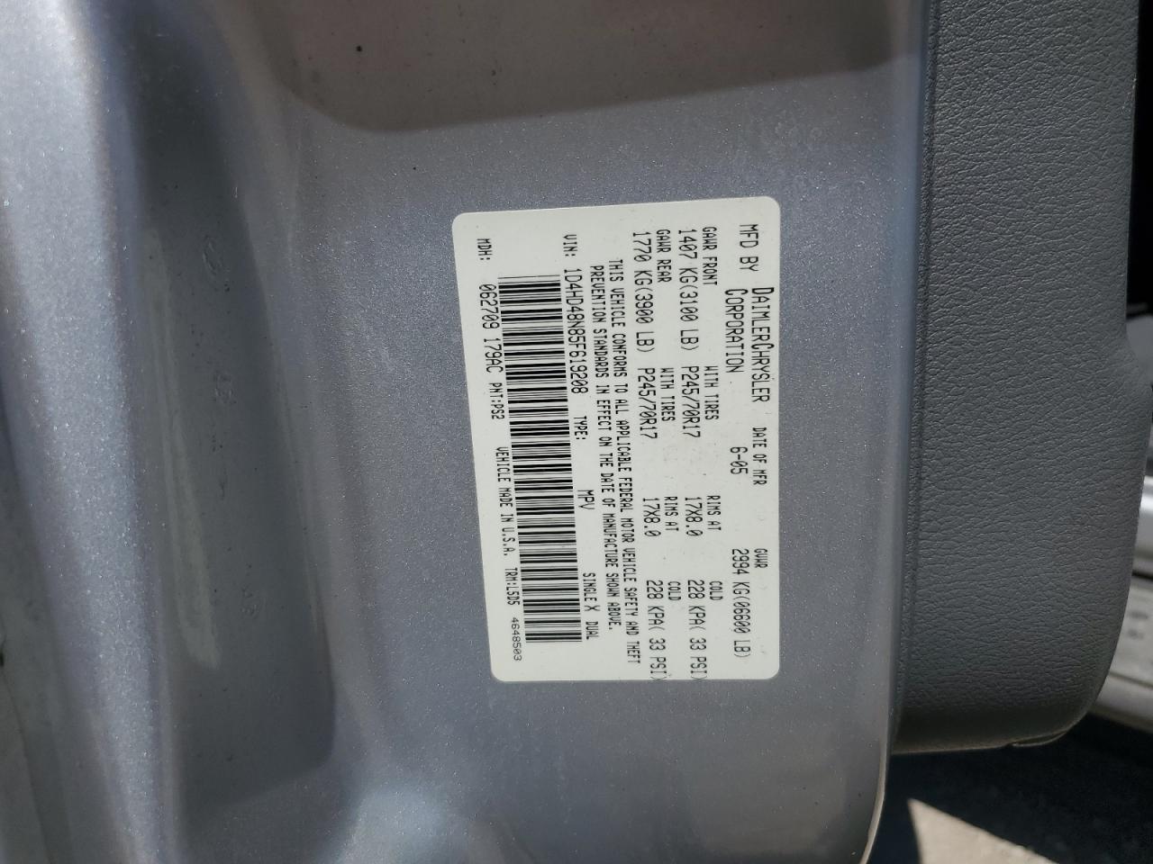 2005 Dodge Durango Slt VIN: 1D4HD48N85F619208 Lot: 42241585