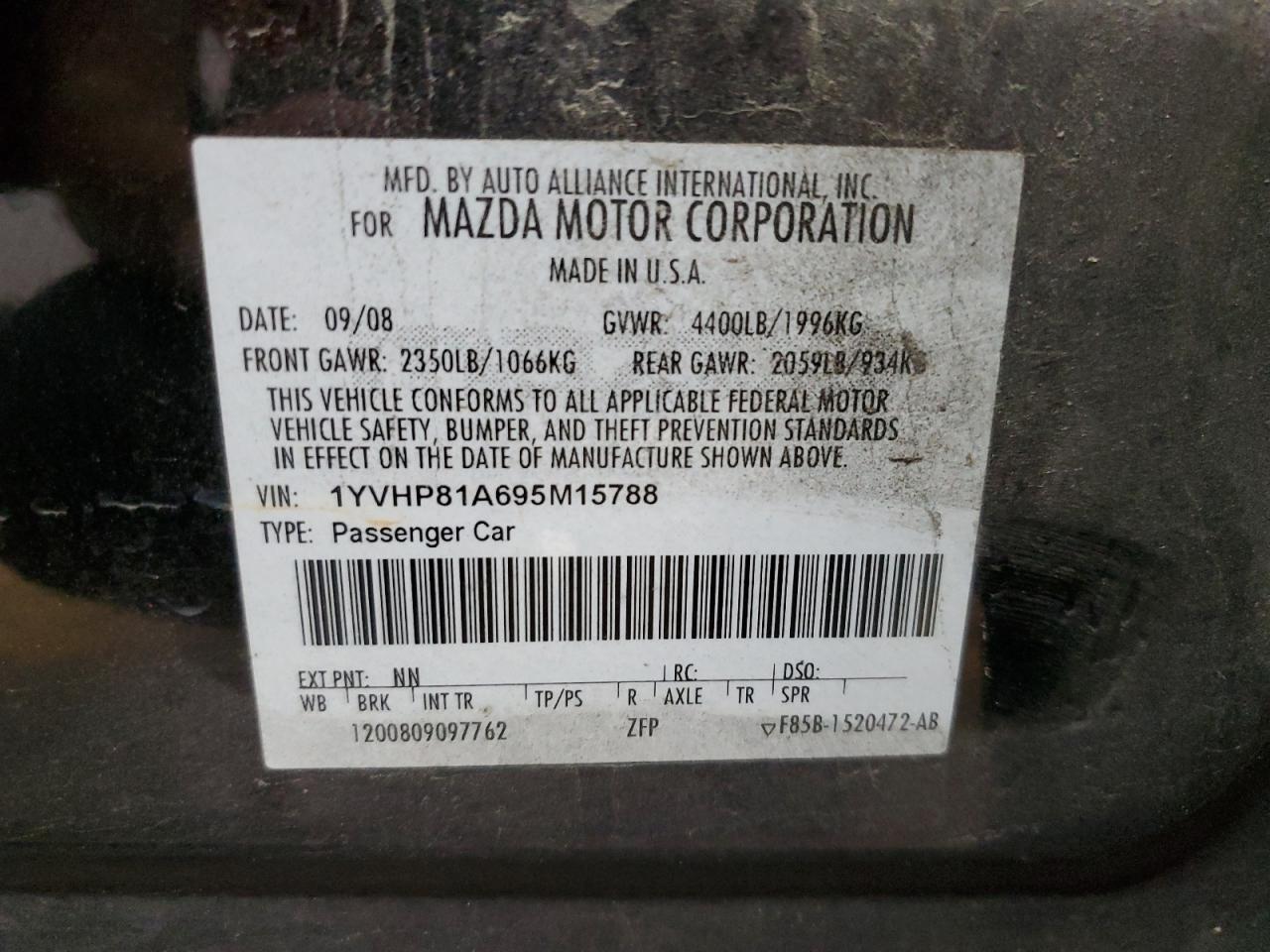 1YVHP81A695M15788 2009 Mazda 6 I