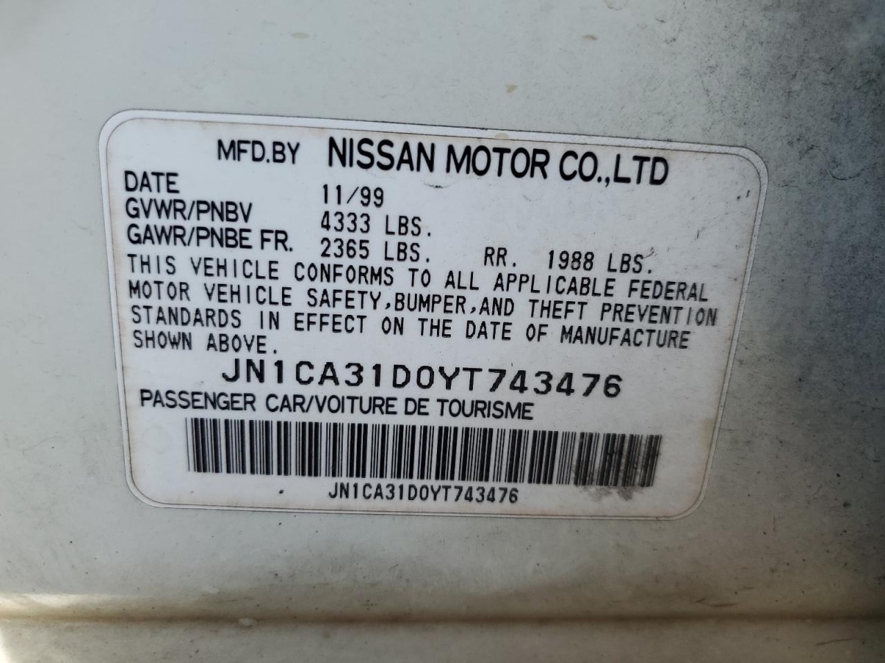 JN1CA31D0YT743476 2000 Nissan Maxima Gle