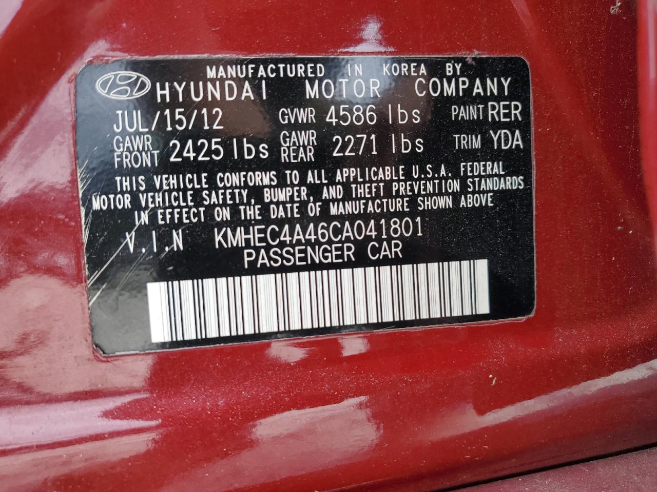 2012 Hyundai Sonata Hybrid VIN: KMHEC4A46CA041801 Lot: 71877054