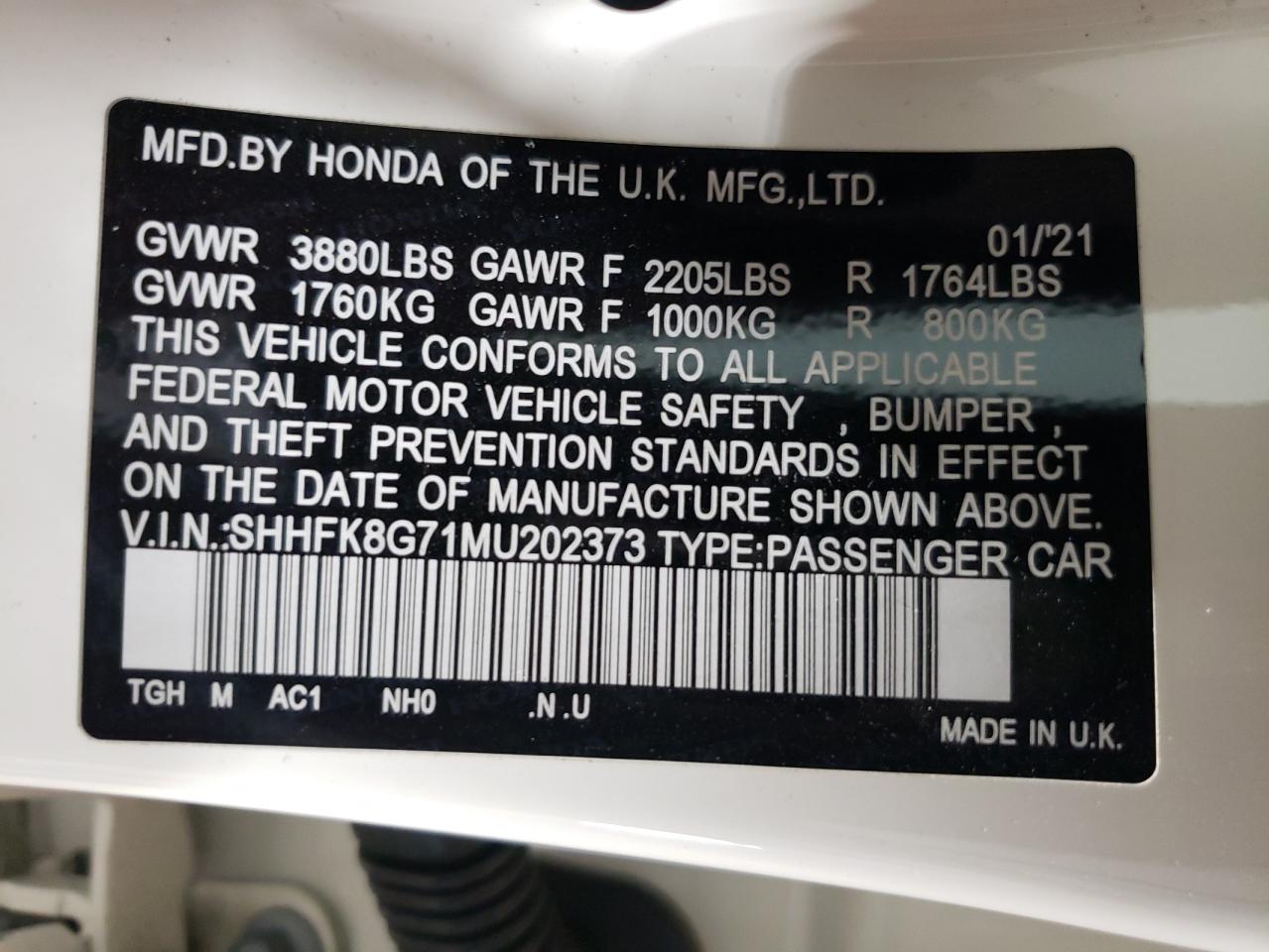 SHHFK8G71MU202373 2021 Honda Civic Type-R Touring