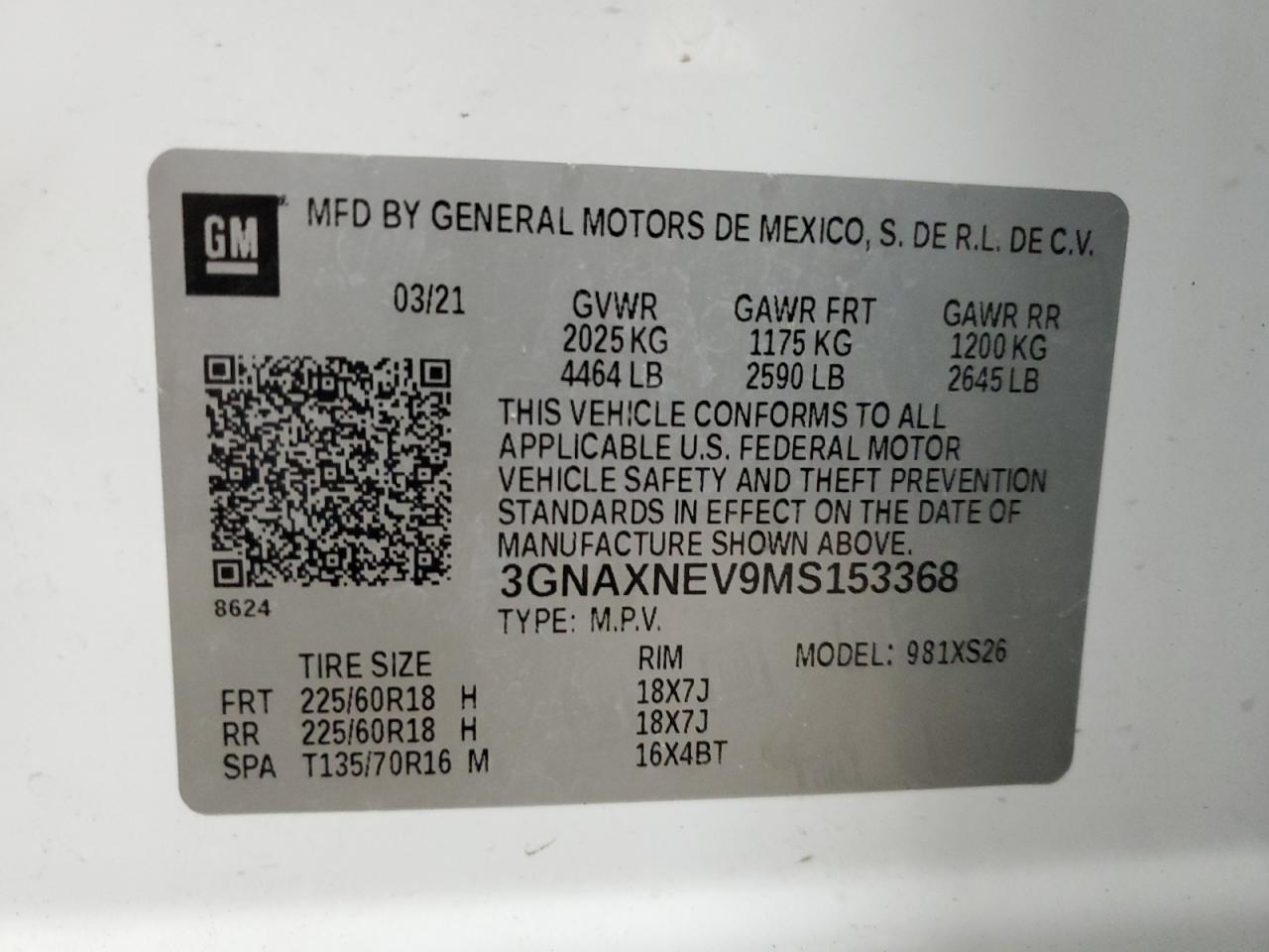 3GNAXNEV9MS153368 2021 Chevrolet Equinox Premier