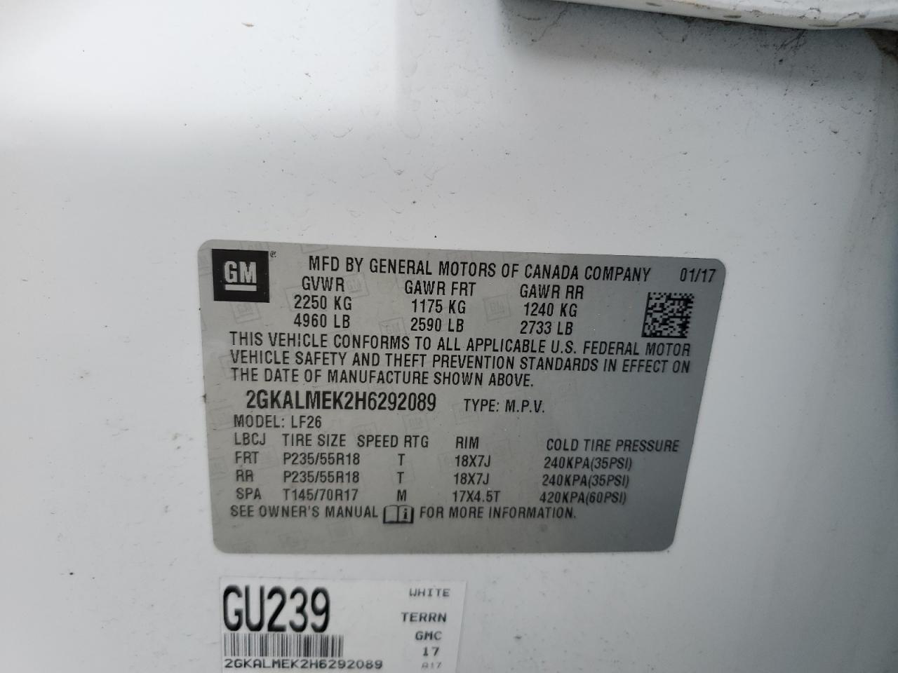 2GKALMEK2H6292089 2017 GMC Terrain Sle