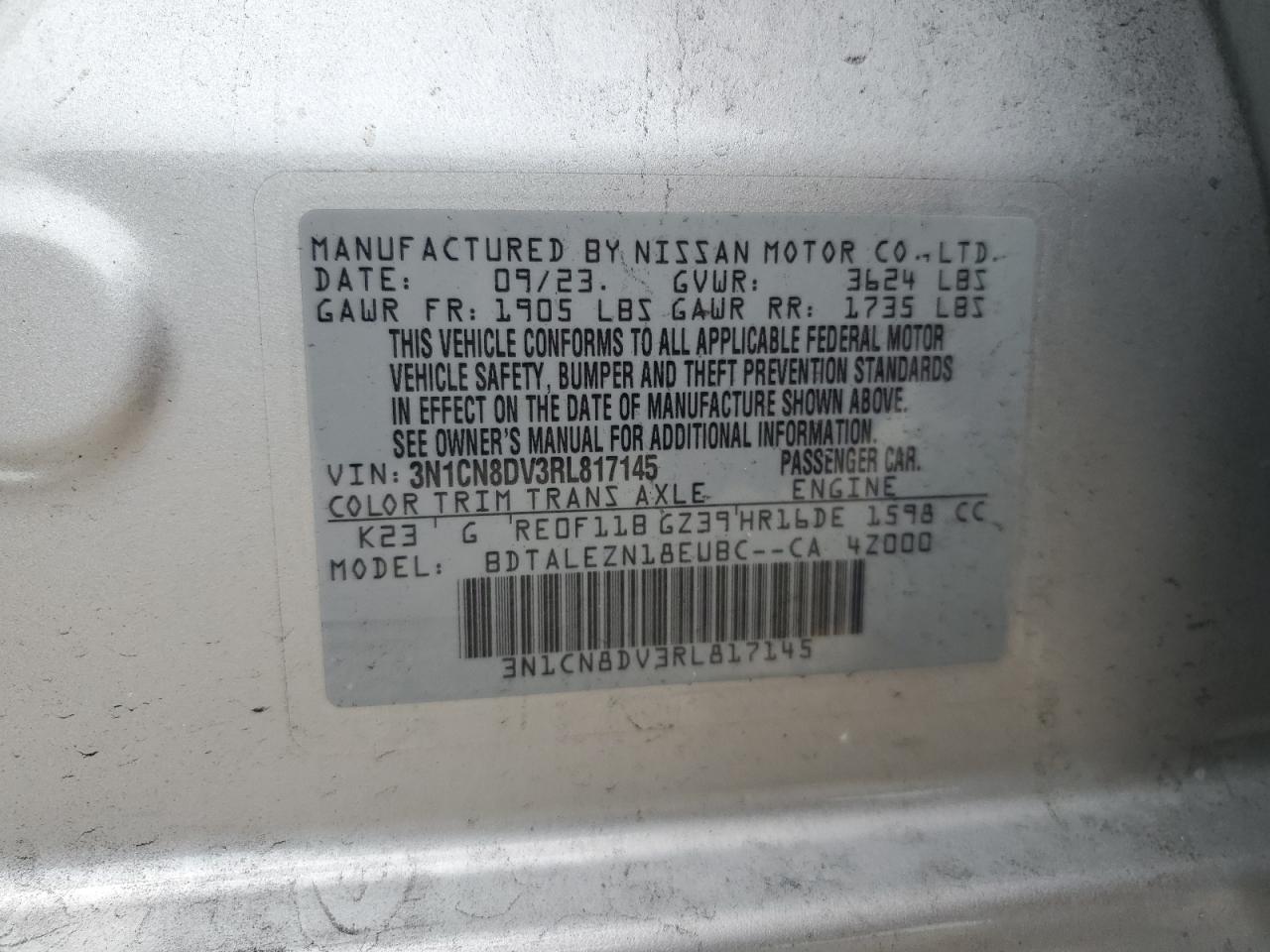 3N1CN8DV3RL817145 2024 Nissan Versa S