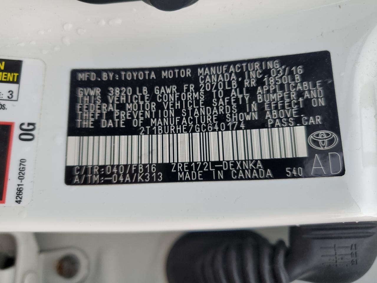 2T1BURHE7GC640174 2016 TOYOTA COROLLA - Image 15