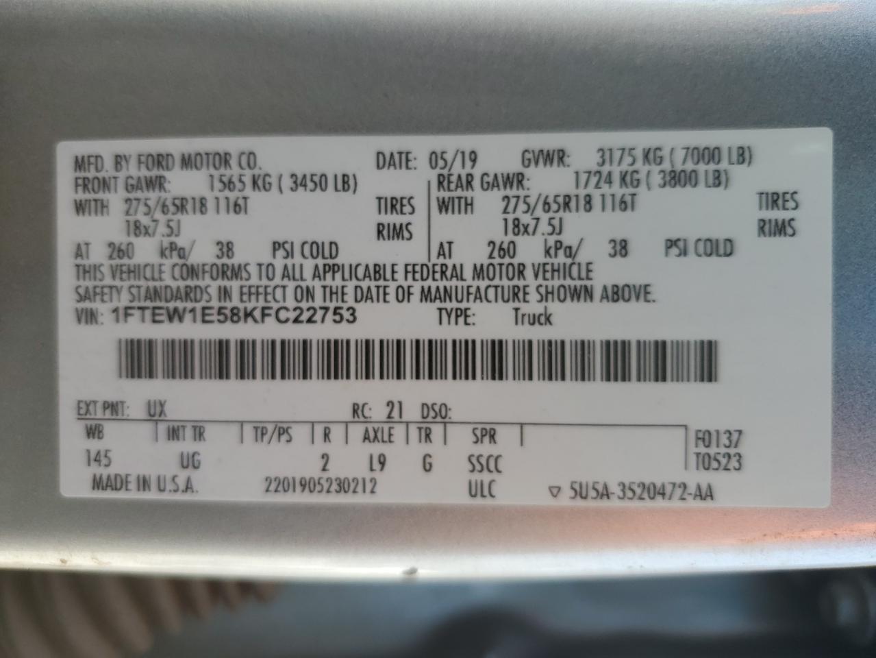 2019 Ford F150 Supercrew VIN: 1FTEW1E58KFC22753 Lot: 72743884