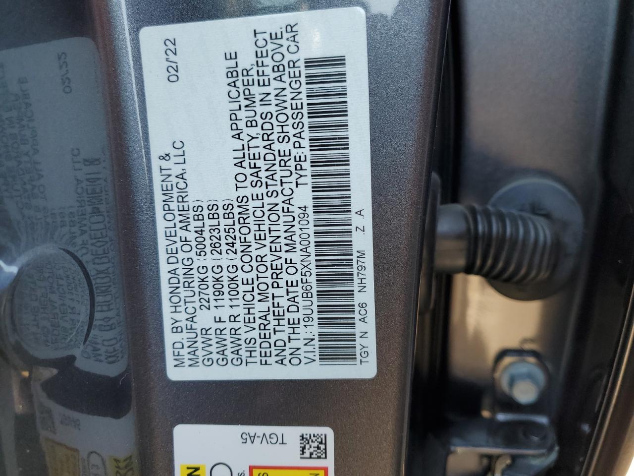 2022 Acura Tlx Tech A VIN: 19UUB6F5XNA001094 Lot: 68033734