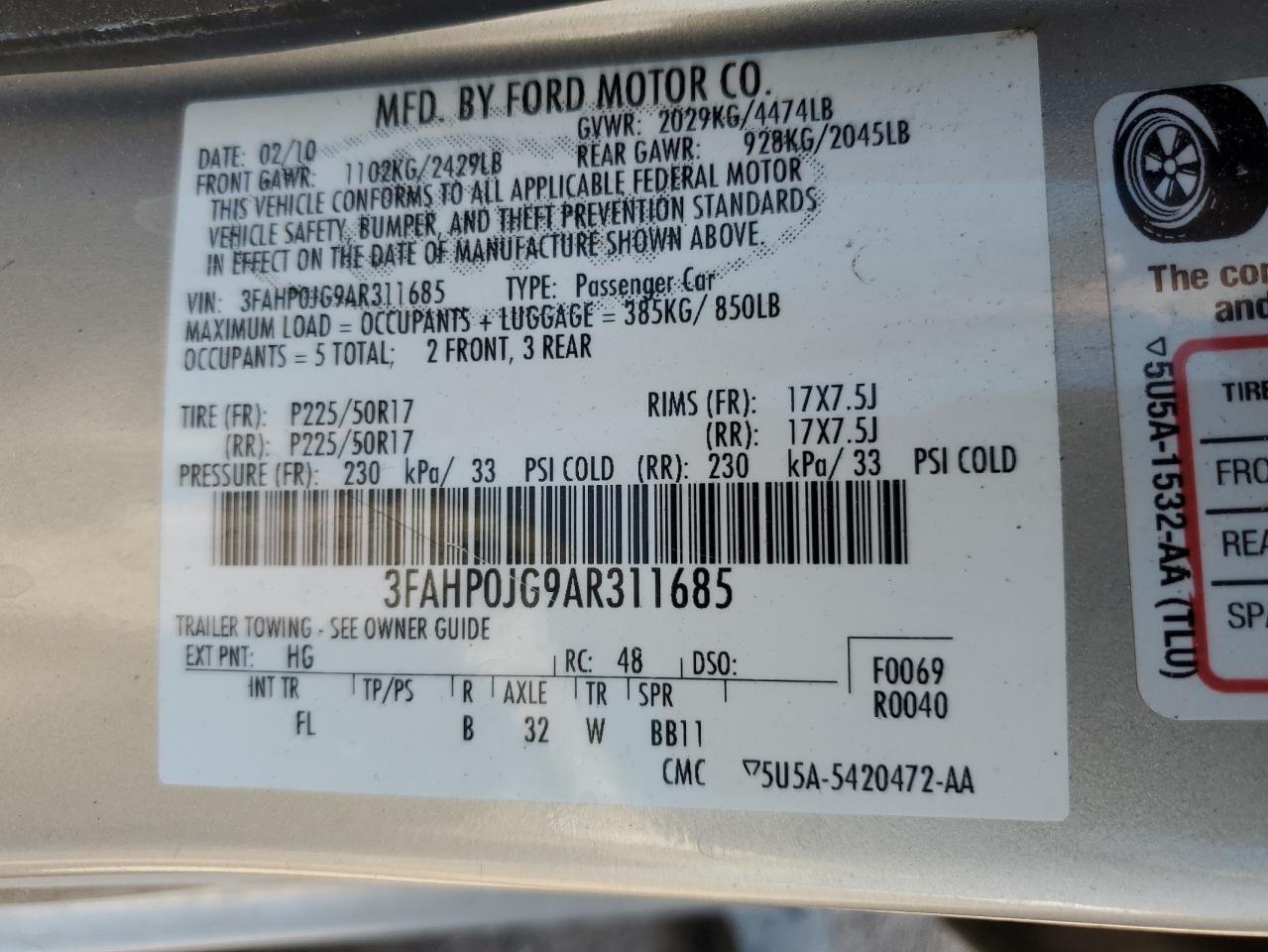 2010 Ford Fusion Sel VIN: 3FAHP0JG9AR311685 Lot: 73414154