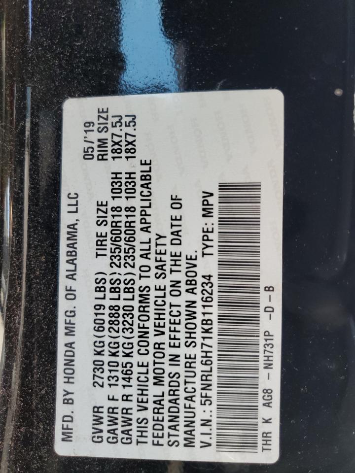 5FNRL6H71KB116234 2019 Honda Odyssey Exl