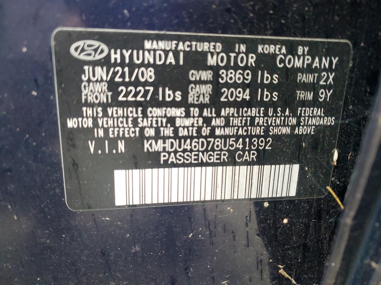 KMHDU46D78U541392 2008 Hyundai Elantra Gls