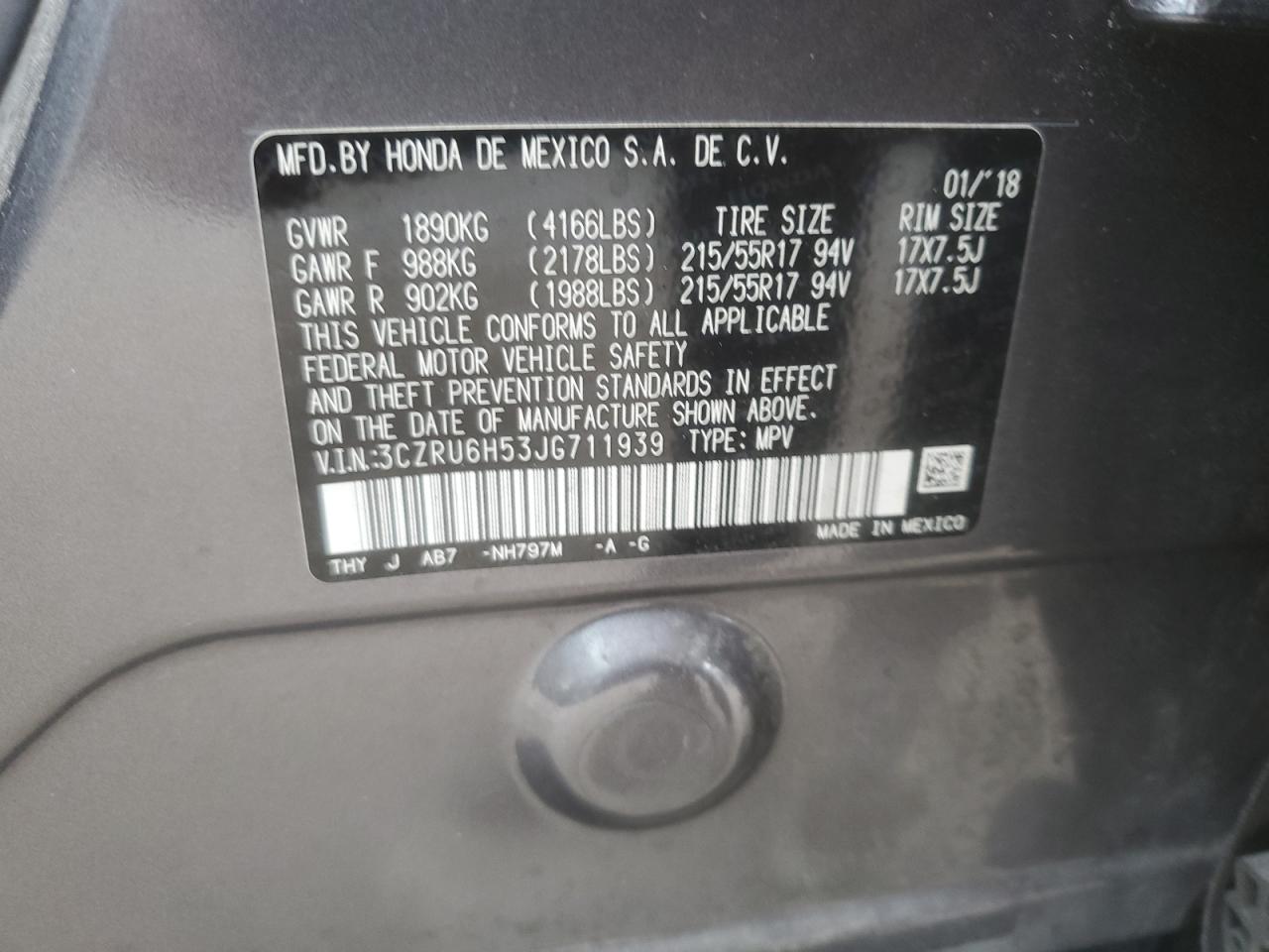 3CZRU6H53JG711939 2018 Honda Hr-V Ex