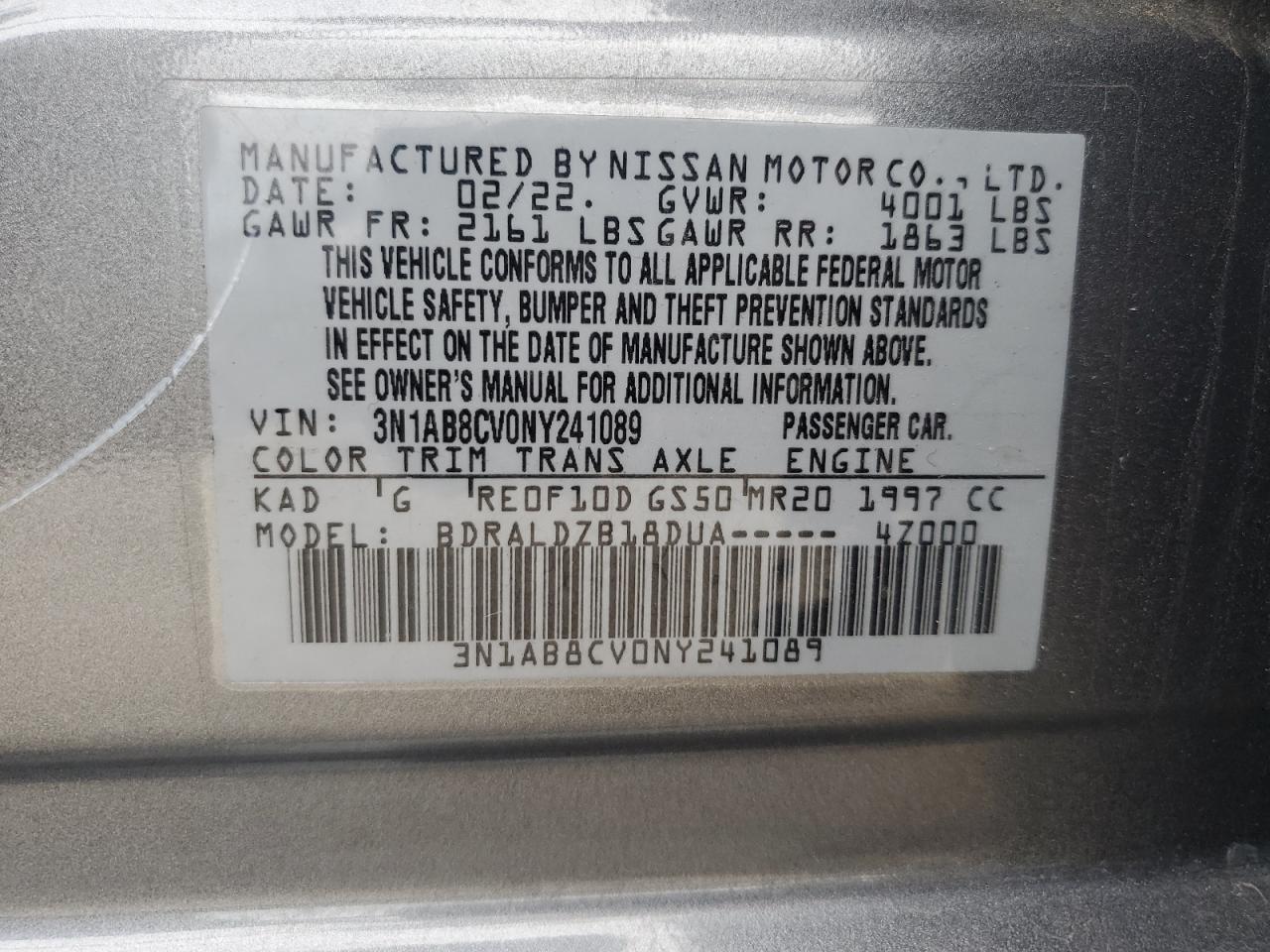 3N1AB8CV0NY241089 2022 Nissan Sentra Sv