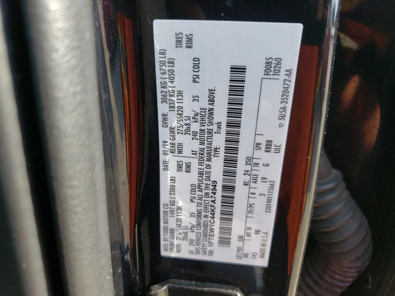 2019 Ford F150 Supercrew VIN: 1FTEW1C44KFA74949 Lot: 68136384