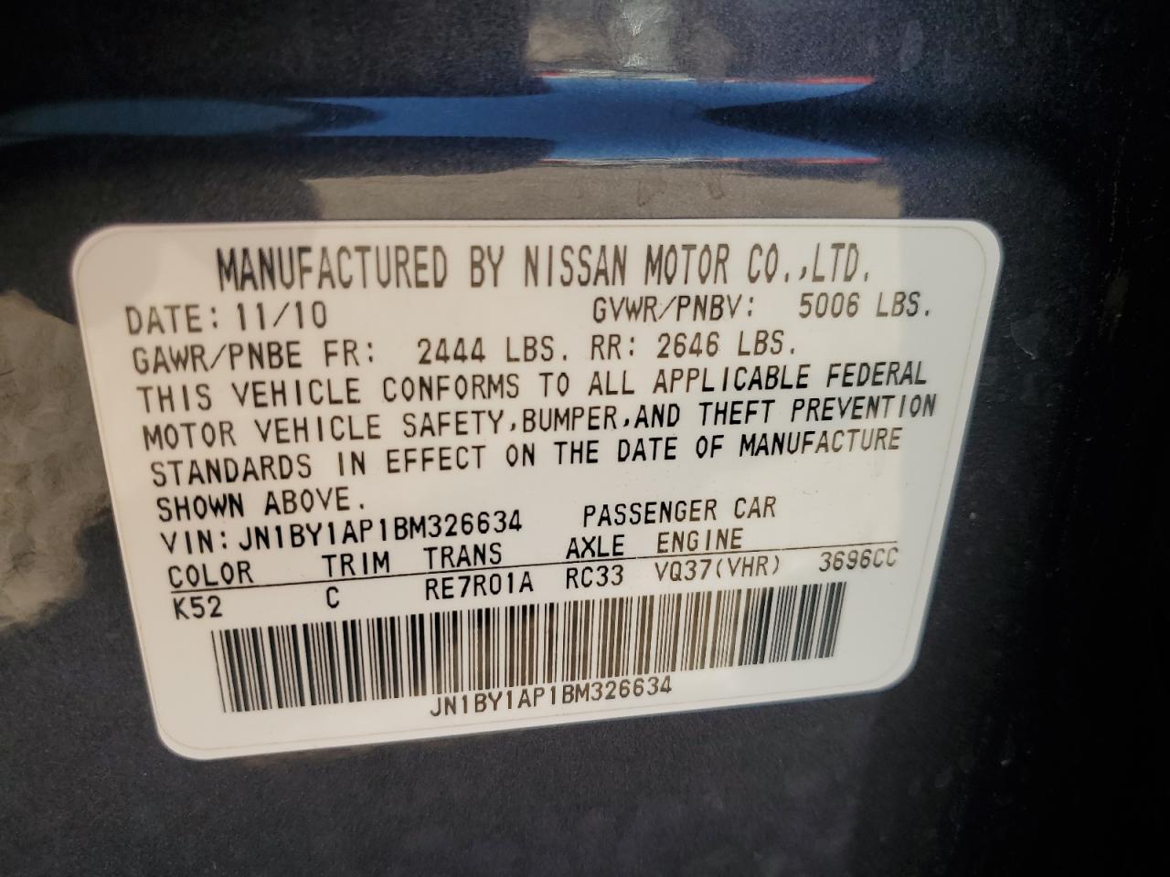 2011 Infiniti M37 VIN: JN1BY1AP1BM326634 Lot: 71732244