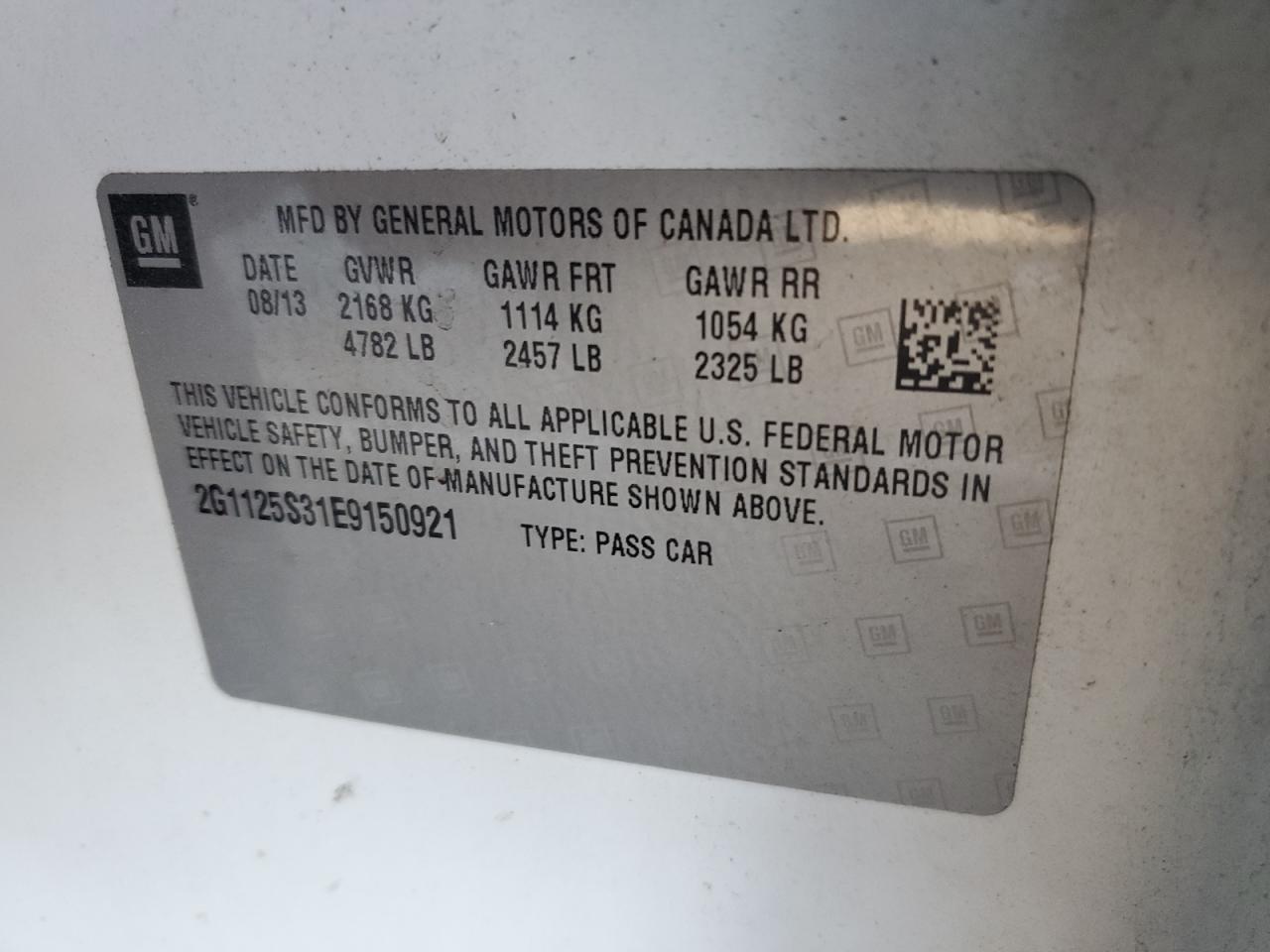 2G1125S31E9150921 2014 Chevrolet Impala Lt