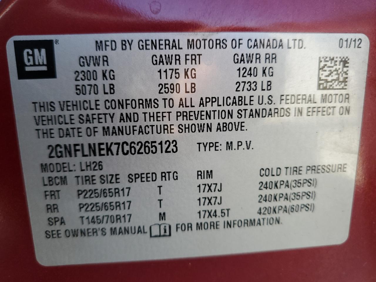 2GNFLNEK7C6265123 2012 Chevrolet Equinox Lt