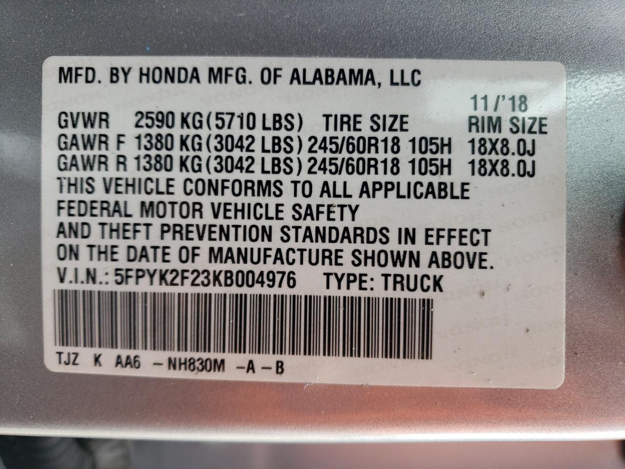 5FPYK2F23KB004976 2019 Honda Ridgeline Rt