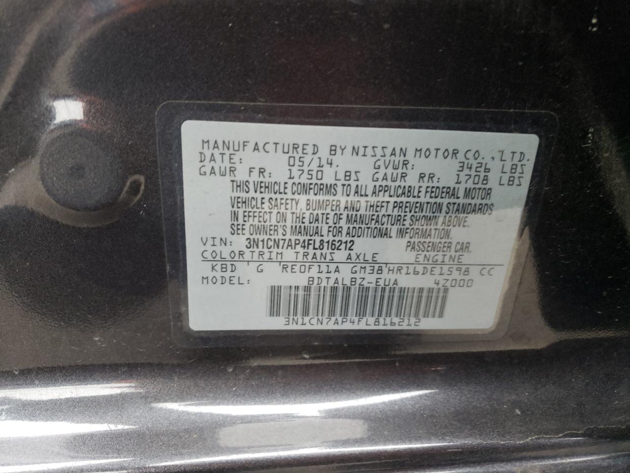 3N1CN7AP4FL816212 2015 Nissan Versa S