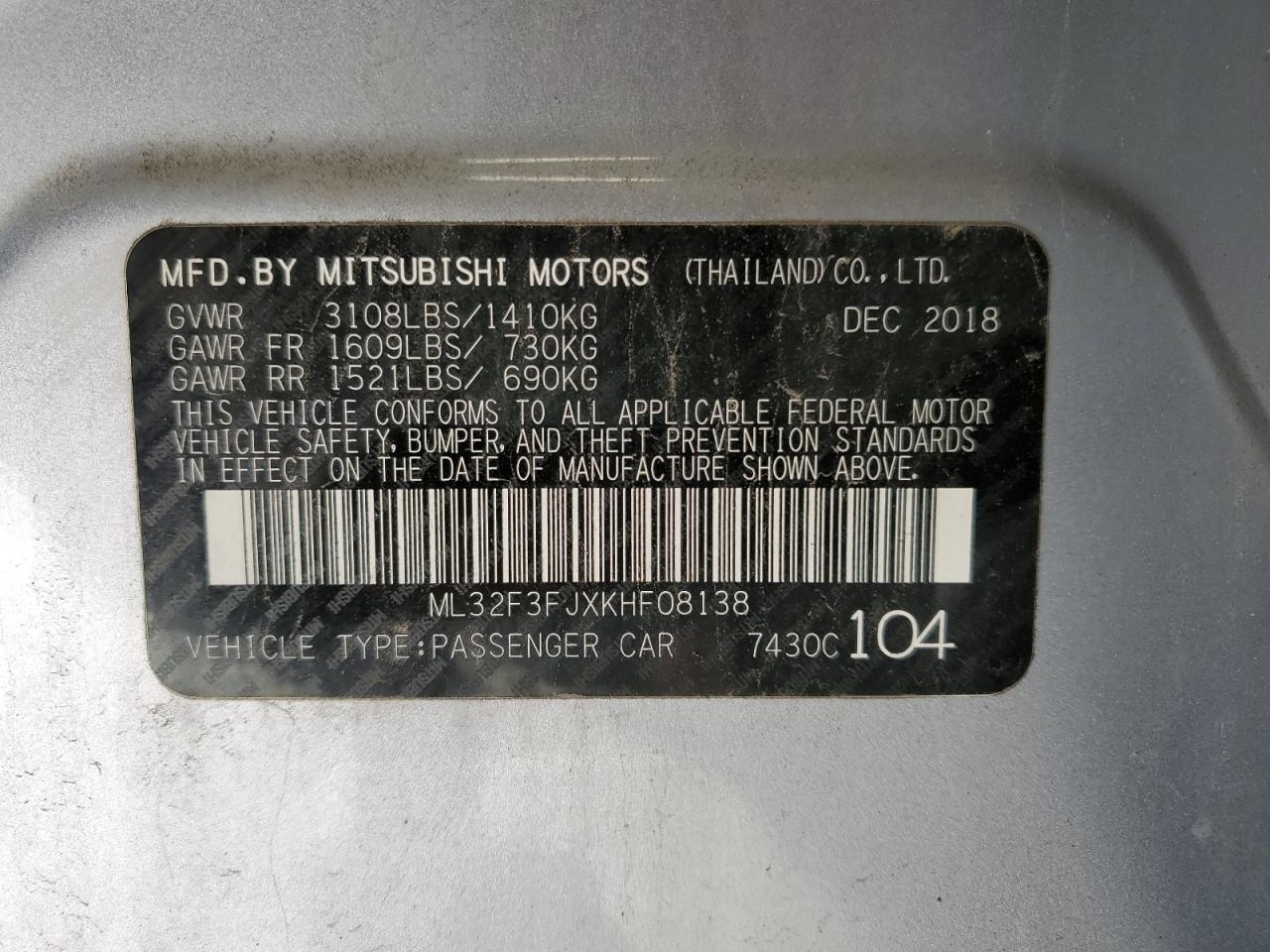 ML32F3FJXKHF08138 2019 Mitsubishi Mirage G4 Es