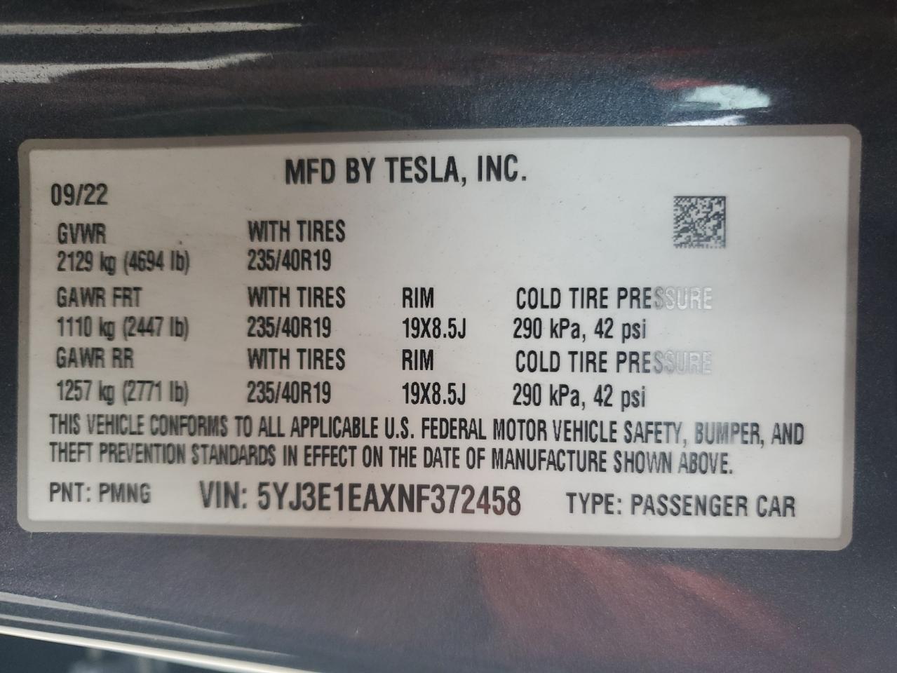 2022 Tesla Model 3 VIN: 5YJ3E1EAXNF372458 Lot: 72011044